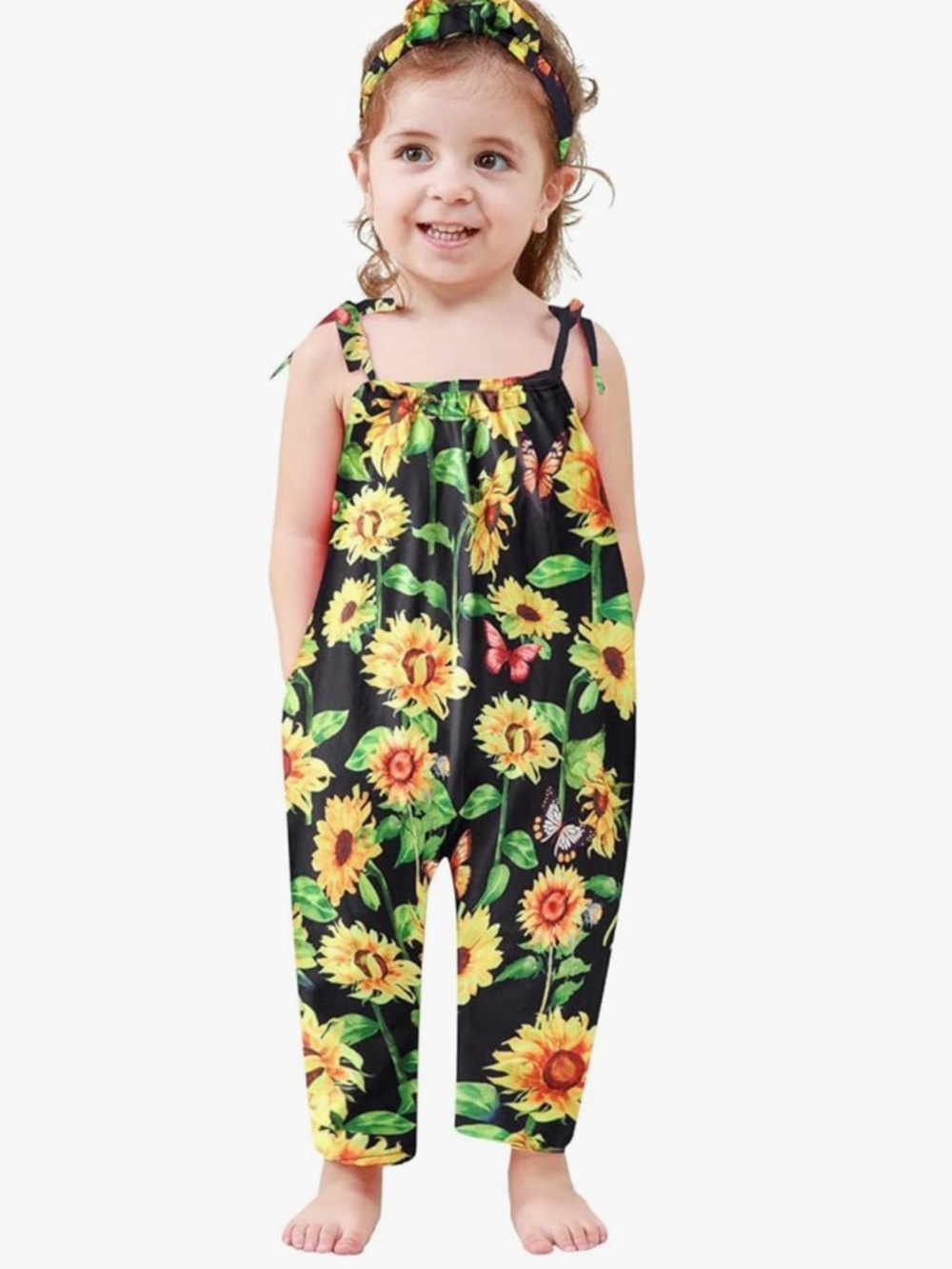 🎉Host Pick🎉 Sunflower Print Black Girls' Tie-Shoulder Jumpsuit 🌻